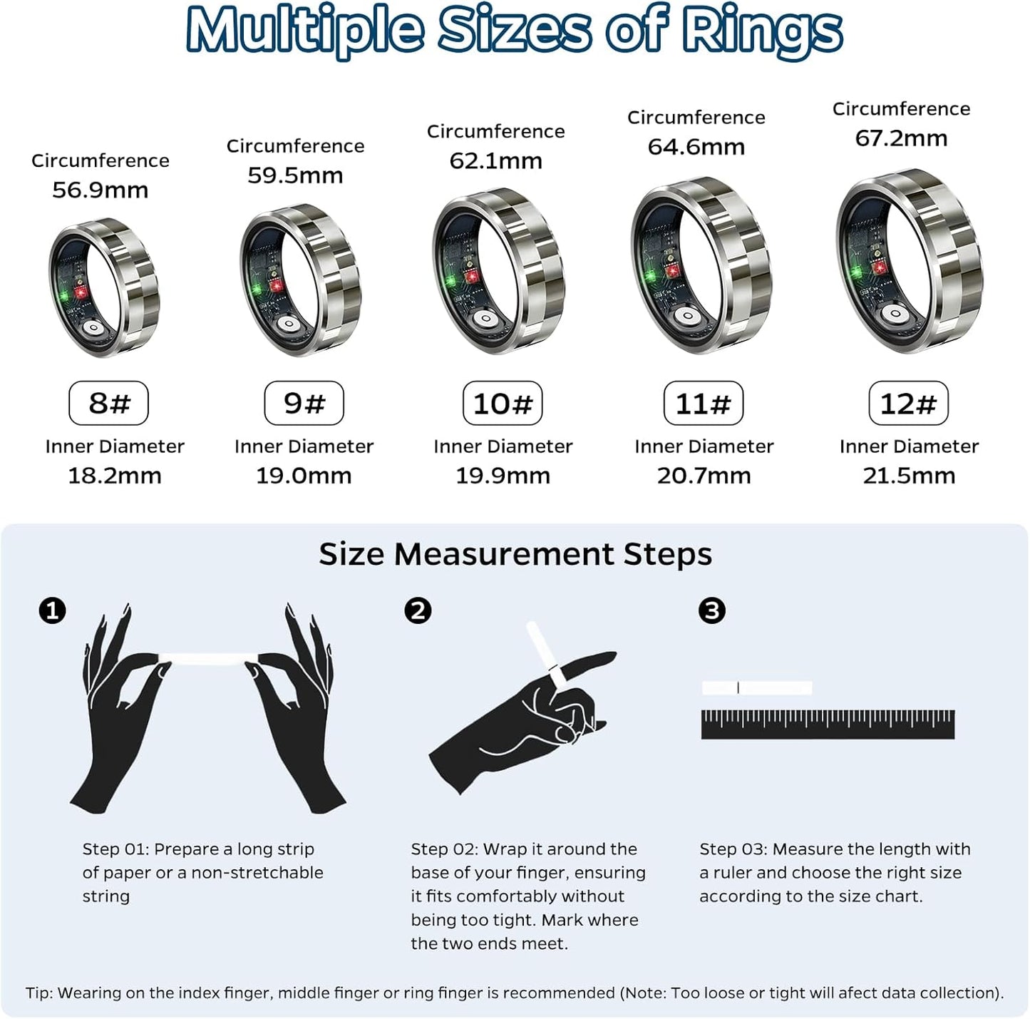 Smart Health Tracking Ring with Sleep Monitoring, Heart Rate Measurement, Waterproof Design, Activity Tracking, Air Gesture Control, 7-Day Battery Life, Compatible with iOS and Android (Stylish Silver #8)