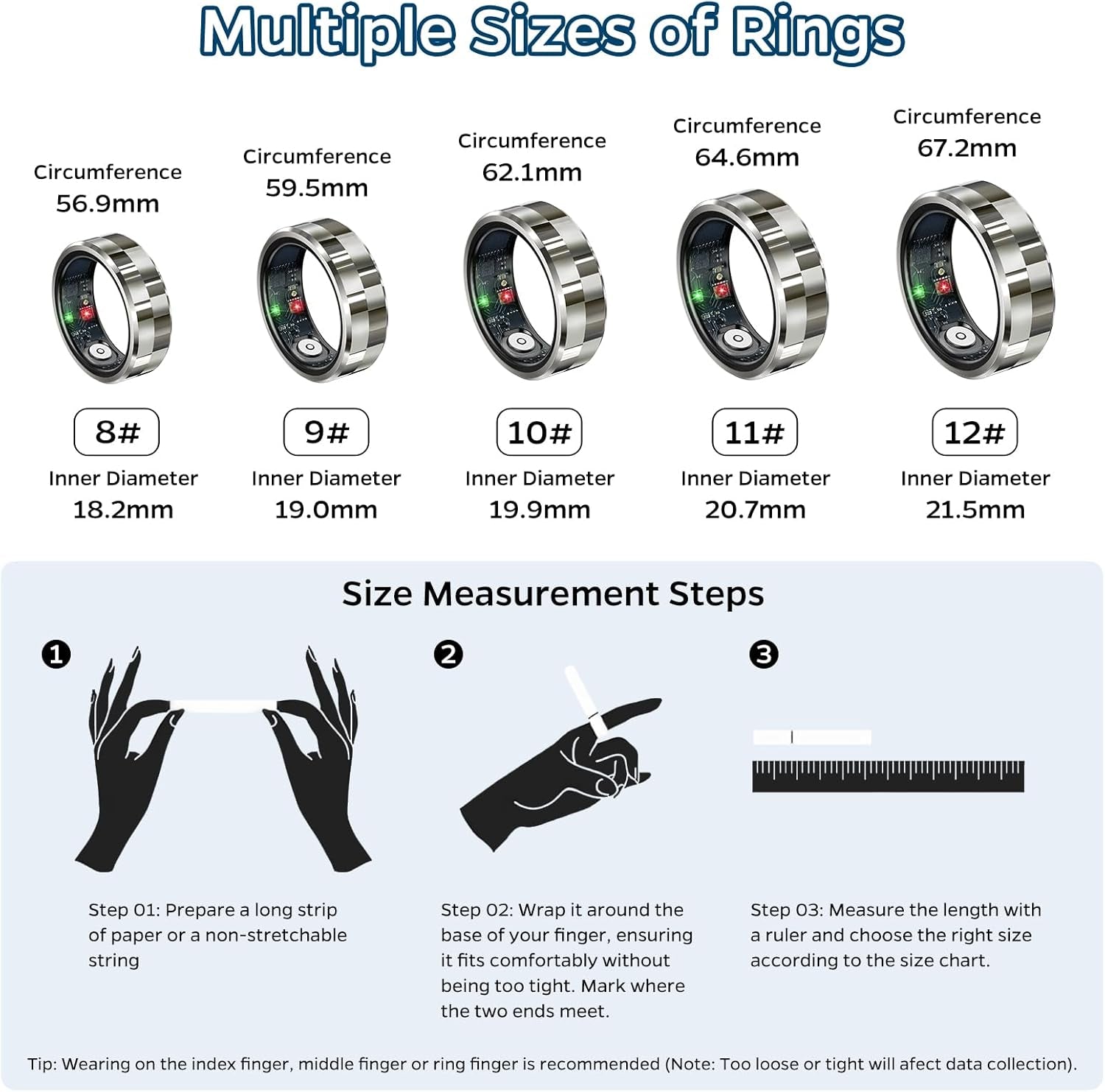 Smart Health Tracking Ring with Sleep Monitoring, Heart Rate Measurement, Waterproof Design, Activity Tracking, Air Gesture Control, 7-Day Battery Life, Compatible with iOS and Android (Stylish Silver #8)